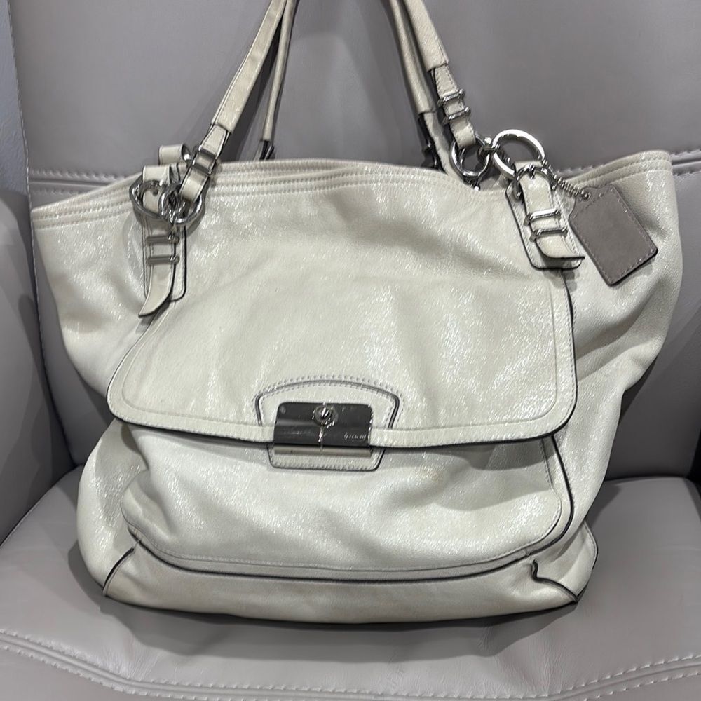 Coach Kristin Shimmery Ivory Leather East West Satchel Hobo Bag